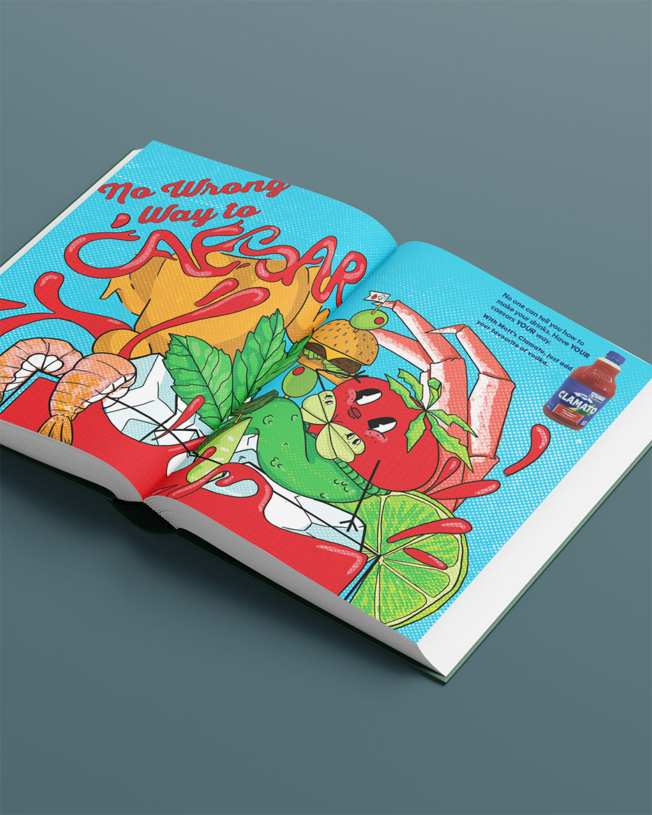 a billboard advertisement spread of a tomatoe mermaid in a caesar cocktail