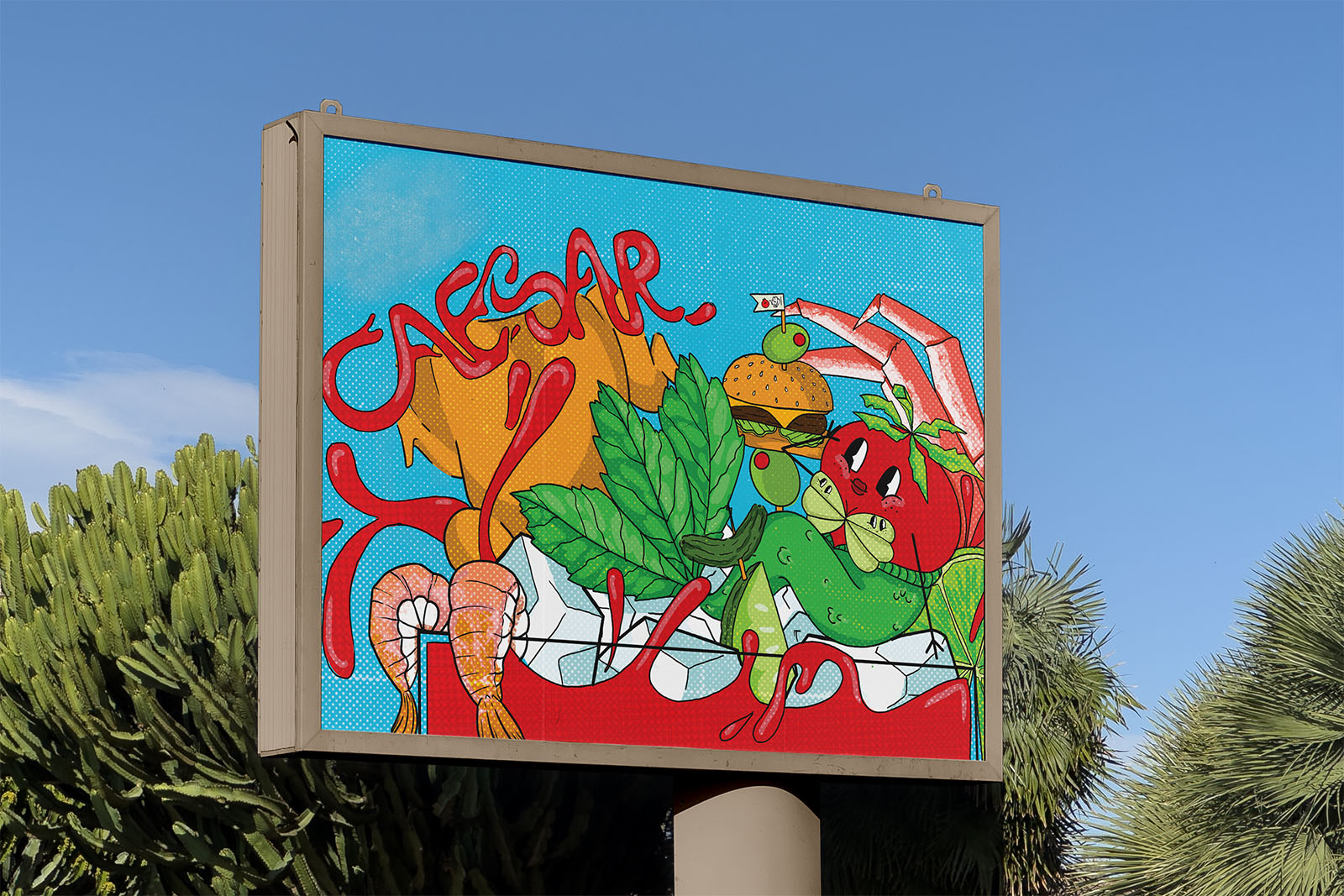a billboard advertisement spread of a tomatoe mermaid in a caesar cocktail