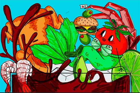 a full page advertisement spread of a tomatoe mermaid in a caesar cocktail