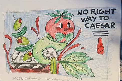 a full page advertisement spread of a tomatoe mermaid in a caesar cocktail